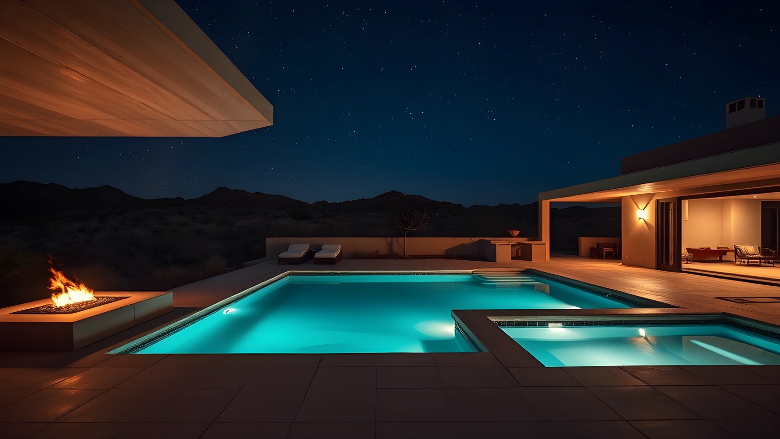A lit pool and fire feature on the terrace of a desert home at night