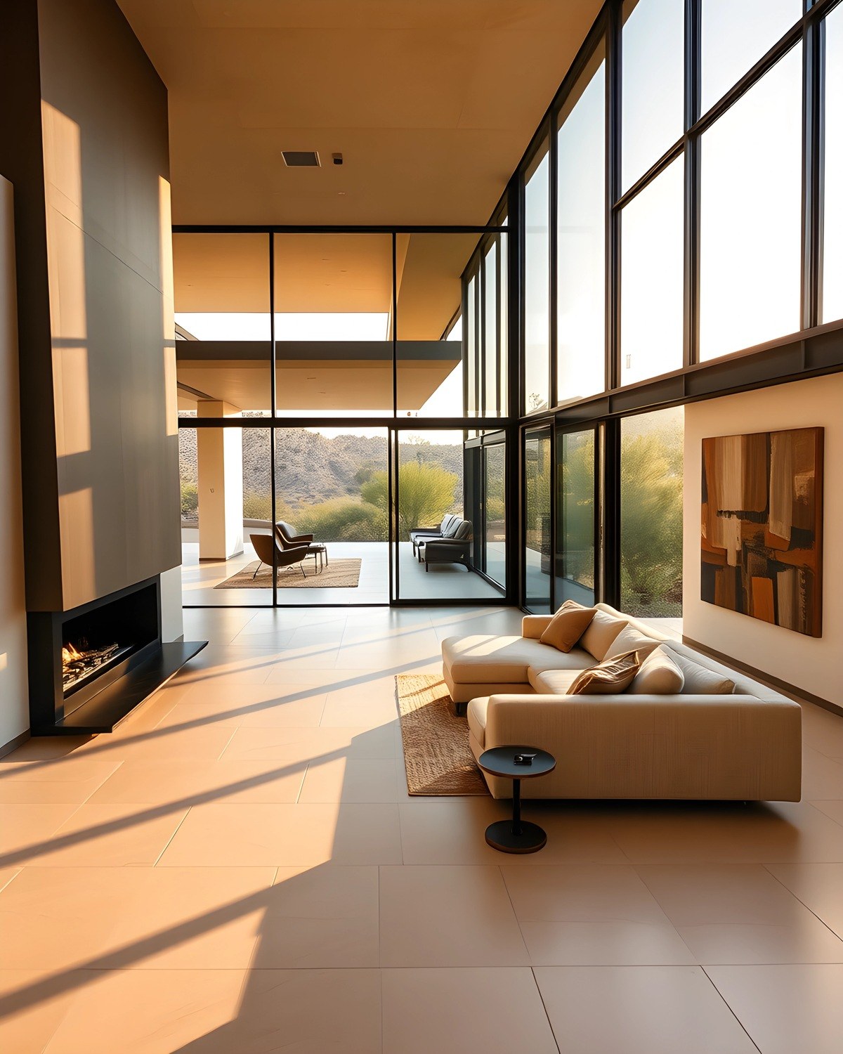 Great room of a Scottsdale desert residence with a glass wall open to the Sonoran desert