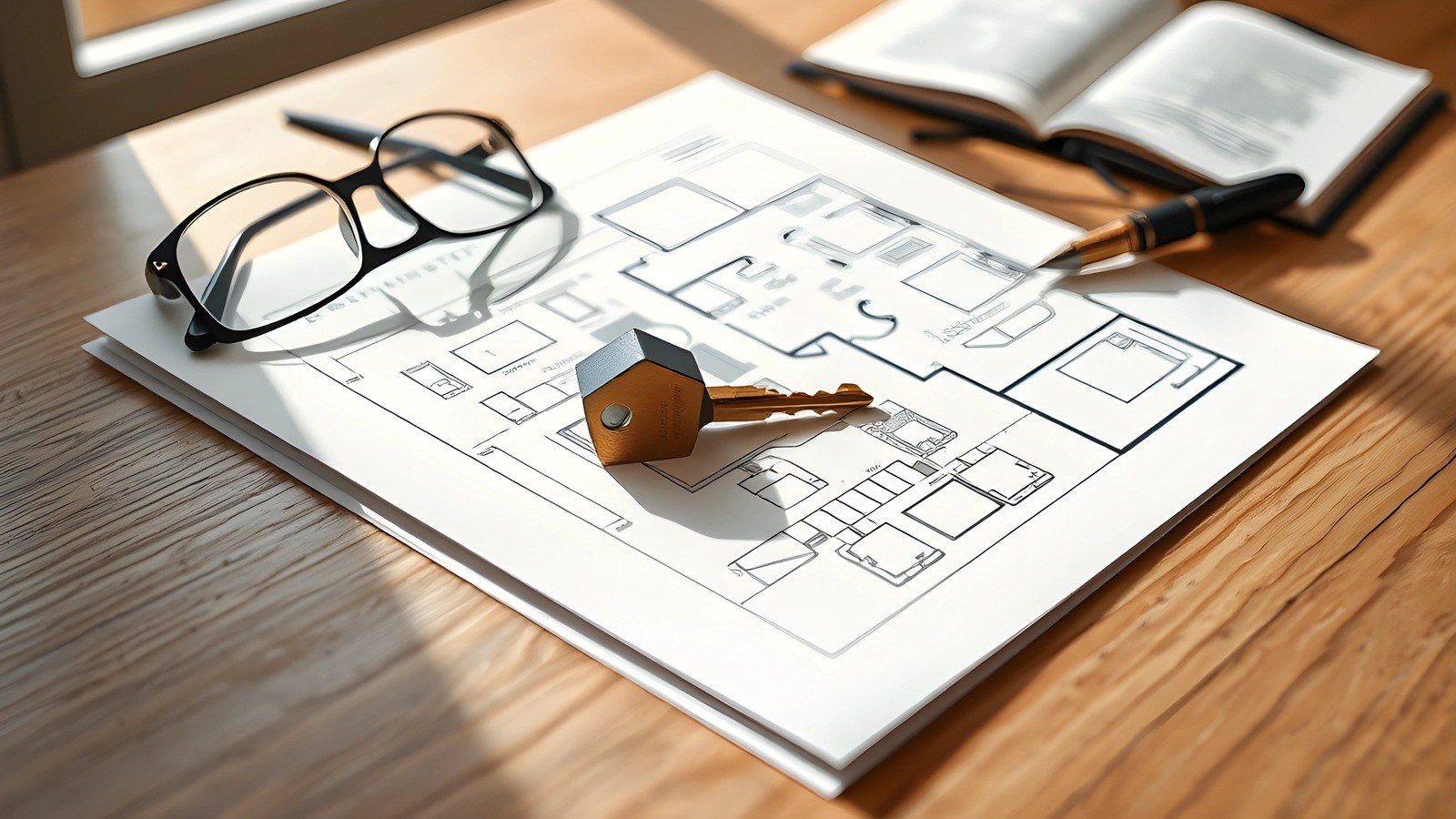 A brass key resting on an architectural floor plan