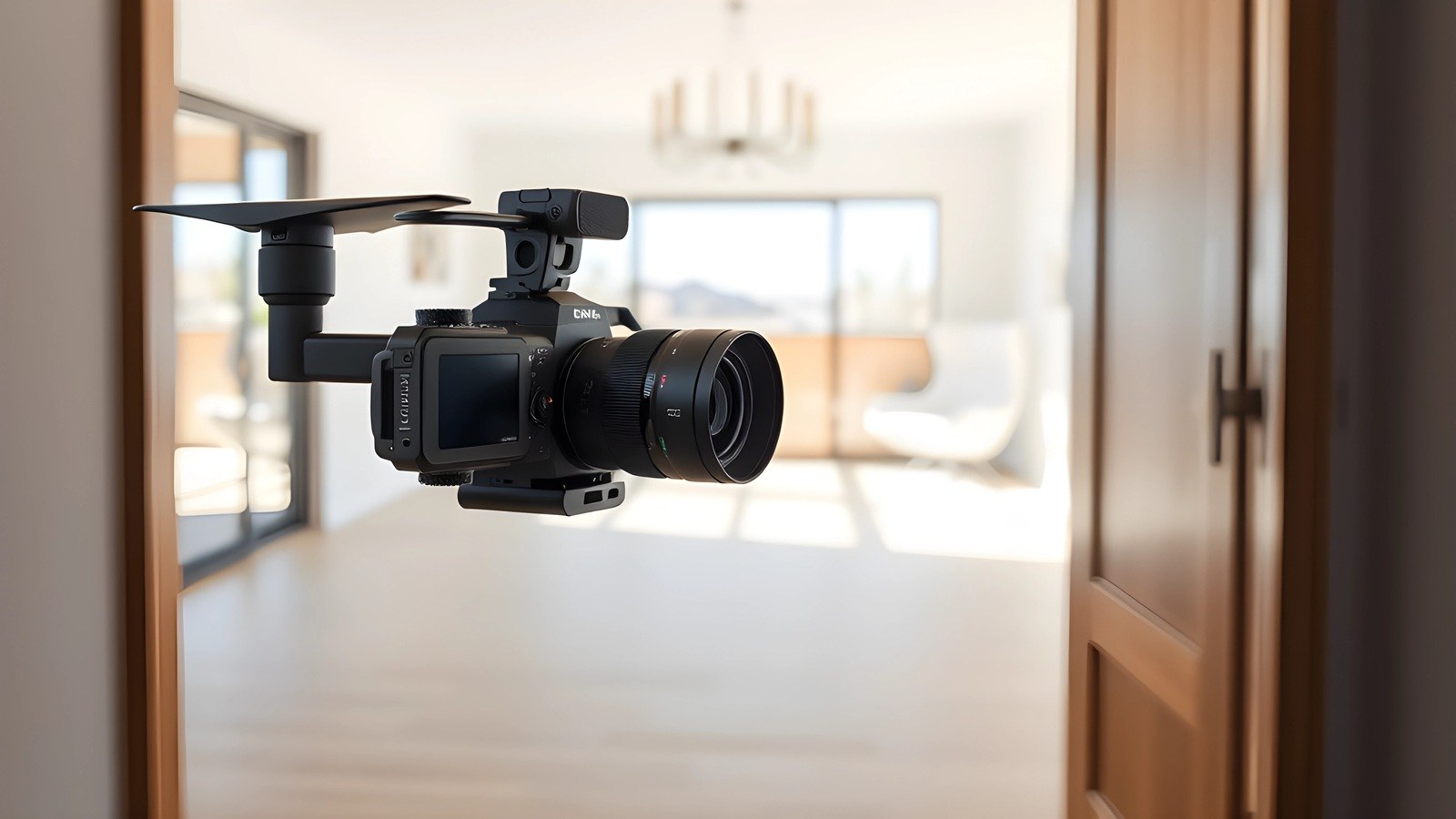 A cinema camera on a gimbal filming inside a bright, empty luxury home